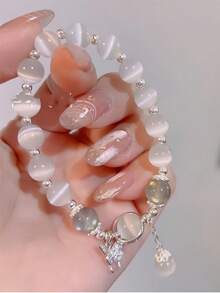 1 Stück handgemachtes Boho-Armband mit natürlichen Achat-Herz-Schmetterlingen für Frauen, elastisches Armband, Armband mit Grau-Mondstein-Perlen, Armreif, vielseitiger eleganter Stil, Edelstahl-Armband, Hochzeitsarmband, Freundschaftsarmband, perfektes Geschenk für Frauen und Feiertagsgeschenke, vielseitiger eleganter Stil