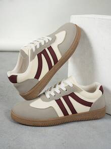 Women's Versatile Preppy Style Sneakers, Flat Non-Slip Lace-Up Round Toe Rubber Sole Casual Shoes, Available In Burgundy, Black, Khaki Color-Block, Suitable For Daily Wear, Casual Shoes, Size 36-41, Fashion - Burgundy - View 2