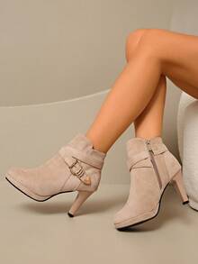 欧美新款秋冬细跟踝靴，侧拉链高跟短靴，时尚靴子，女短靴，欧美细跟高跟鞋，流行冬季新款性感圆头靴，简约高跟女靴