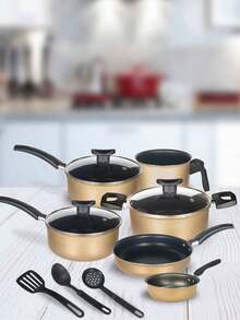 Cookware Set Casserole Set 9 Pieces Kit Nonstick Glass Lid Elegance With Cutlery - 米色 - 查看 1