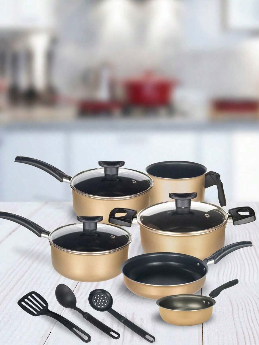 Cookware Set Casserole Set 9 Pieces Kit Nonstick Glass Lid Elegance With Cutlery - 米色 - 查看 1