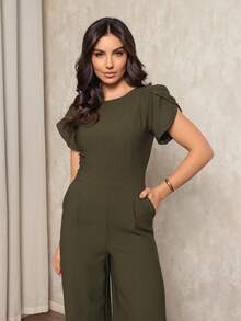Women's Jumpsuit In Plain Marrant, Pocket, Pantaloons With Petal Sleeves, Simple Pocket Office - 墨綠色 - 查看 6