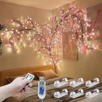 144颗LED樱花树枝灯，带遥控器和定时器，8种灯光模式，柔和的柳枝造型，卧室家居花卉墙饰，春季DIY装饰