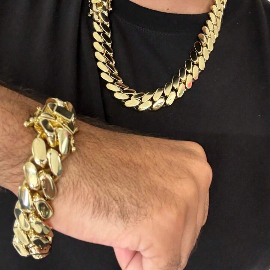 1pc Men's 18K Gold Plated Plated Cuban Link Chain Bracelet  8-22mm Men'S Cuban Chain  Classic Hip-Hop Accessory 316L  Stainless Steel Unisex Gift Music 2025 Autumn And Winter Fashion Bracelet Auspicious New Year Gifts - 16毫米/0.62英寸 - 查看 1