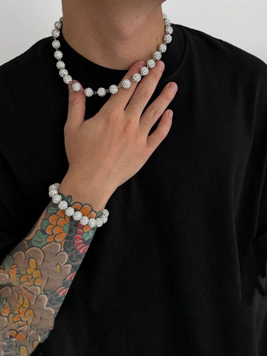2pcs/Set European & American Men's Versatile Hip-Hop White Diamond Ball Necklace & Bracelet Set, Unique Men's Necklace, Beaded Bracelet Jewelry - White - View 1