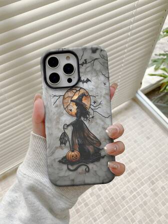 1 pezzo Custodia per telefono con motivo a cartone animato di strega misteriosa di Ognissanti, adatta per iPhone 16 Pro/11/12 Pro/13/14 Pro Max/15/16 Pro Max, materiale TPU+PC, custodia protettiva rigida con motivo a cartone animato, antiurto, finitura opaca, regalo di Natale/Ognissanti per coppie, migliori amici