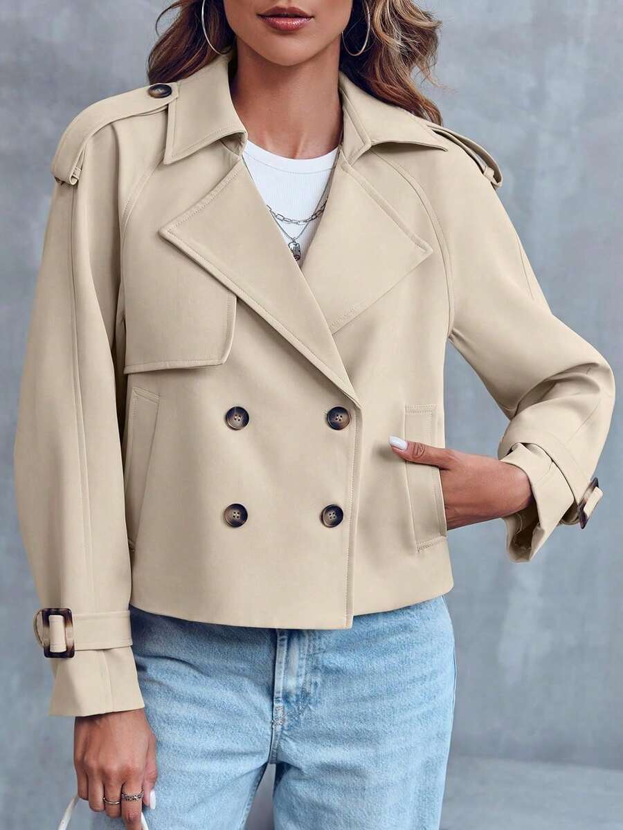 Women's Cropped Raglan Sleeve Double Breasted Trench Coat With Pockets Perfect For Work & Office - Light Khaki - View 1