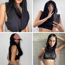 Women Knitted Hoodie Sweater Vest Sleeveless Hollow Out Hooded Crop Top Streetwear Rave Oufit - 黑色 - 查看 6