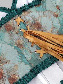 1pc Women's Unique Tight-Fitting Bralette, Green Bee Jacquard Underwire Bustier With Lace Trim, Back Tie Front Button Closure, Casual Summer Vacation Wear - Green - View 7