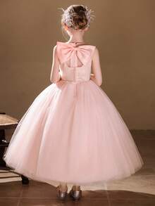 Girls' Long Tulle Skirt With Big Bow, Pink, Suitable For Wedding, Party - Pink - View 2
