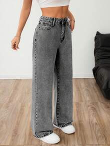 Light Grey Washed Wide Leg Jeans - Grey - View 5