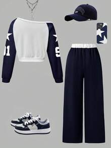 Tween Girl Numeric Print Crew Neck Sweatshirt And Sweatpants Set