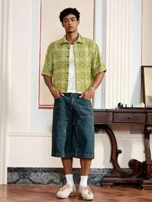 Chemise courte à manches courtes tissée à carreaux pour hommes, idéale pour l'été, élément essentiel du streetwear - Vert - Voir 3