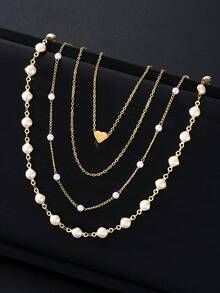4/1 Set Elegant Vintage Minimalist Style Women Pearl Heart Flower Cross Pendant Y-Necklace Set, Suitable For Women's Daily, Party, Date, Wedding, Vacation, Multi-Layer Wear, Delicate Necklace, 2025 New Collection