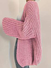 Plus Size Curve Cardigan Sweater Balloon Sleeve Ribbed Knit Textured Plus Size Slouchy Warm Outerwear Autumn Winter Casual Loose Fit Coat Pink - Pink - View 6