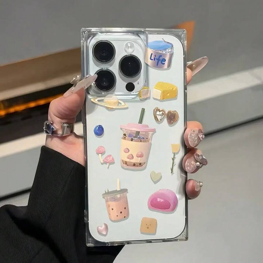 Modelos de teléfono diseñados Funda protectora para phone 12, 13 Pro, 14, 15 y 16 Pro/Plus, con diseño de cubo de postre de té con leche, resistente a caídas, con amplio espacio para la abertura y un elegante marco de espejo. - transparente - Ver 1