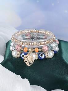 3pcs Bohemian Multi-Layer Beaded Bracelet, Vintage Evil Eye Beads, With Heart Tree Of Life Pendant, Elastic Unisex Bracelet, Suitable For Halloween Party Decoration