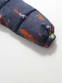 1 pieza Abrigo acolchado de algodón con capucha elástica de color azul marino y multicolor para niños, Parka de algodón de longitud media para niños y niñas, Chaqueta con cremallera para niños, Ropa de algodón para niños pequeños