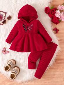 2 件套女婴甜美温柔蝴蝶印花字母针织连帽衫和裤子套装 - 酒紅色 - 查看 1