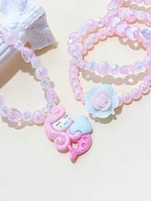 5件套女孩可爱美人鱼花朵吊坠首饰套装 - 手链和项链，适合日常佩戴、节日、生日礼物