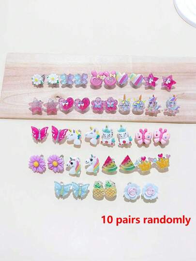 10 对随机女孩水果、花朵、独角兽卡通夹式耳环，适合日常、节日、派对、学校佩戴、生日礼物