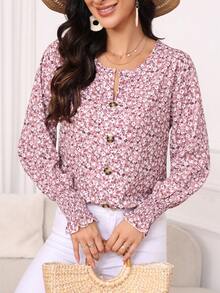 Autumn And Winter Women's Button Up Shirt With Cuffs Wrapped And Long Sleeves, Small Floral V-Neck Top