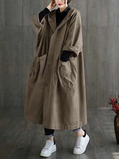 Women's Spring Summer Autumn Oversized Lightweight Fabric Thin Sheer Long Trench Coat With Large Pockets, Fashionable Button Front, Hooded Casual Versatile Jacket