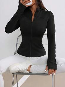 Plus Size Women Solid Color Long Sleeve Thumb Hole Tight Zipper Yoga Jacket, Outdoor Cycling Outerwear With Pockets, Running Workout Sports Coat