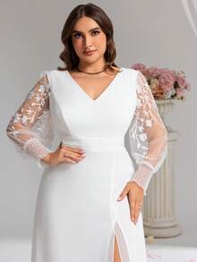 Elegant Chiffon High Slit Embroidered Long Sleeve White Formal Dress, Suitable For Bridal Engagement Party Wear, Spring/Summer