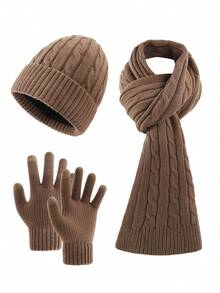 3 件套男士简约纯色条纹针织帽、围巾、露指手套套装，柔软保暖内衬，保暖防风，适合秋冬户外、运动、休闲蓬松 - 彩色 - 查看 15