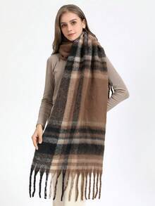 1 Stück Modischer, warmer britischer Karomuster Schal für Damen in Mehrfarbig, geeignet für den täglichen Gebrauch