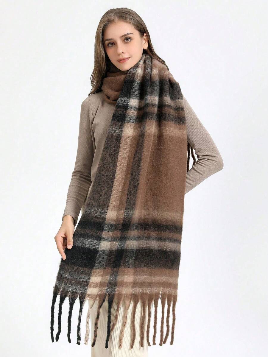 1 Stück Modischer, warmer britischer Karomuster Schal für Damen in Mehrfarbig, geeignet für den täglichen Gebrauch