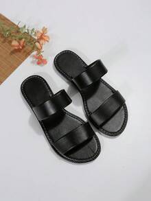 全新大码女式露趾平底凉鞋，舒适简约设计，休闲一脚蹬海滩度假风格，夏季 - 黑色 - 查看 5