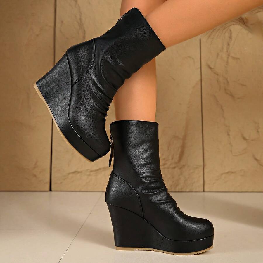 Women's Mid-Calf Boots, Flat Wedge Heel, Fashion & Comfortable, Autumn/Winter - Black - View 1