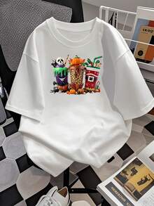 Camiseta con gráficos de bebidas navideñas, camiseta de algodón de manga corta y cuello redondo para mujer con gráficos de café y chocolate caliente de temporada, top informal de moda. - Blanco - Ver 2