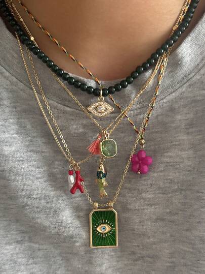 5pcs Bohemian Handmade Beaded Fish, Flower, Eye Pendant Multilayer Necklace Set With Faux Pearl, Tassel, Colorful Dopamine Necklace For Women, Suitable For Daily Wear And Party, All Seasons