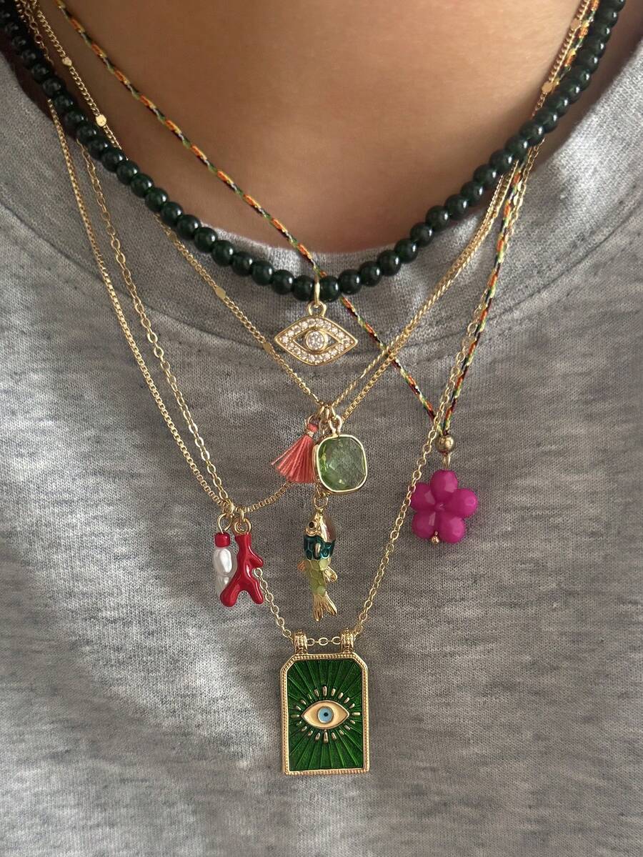 Bộ 5 vòng cổ nhiều lớp đính hạt cá, hoa, mắt phong cách Bohemian thủ công kèm ngọc trai giả, tua rua, vòng cổ Dopamine nhiều màu sắc dành cho nữ, thích hợp đeo hàng ngày và dự tiệc, mọi mùa - Nhiều màu - Xem 1