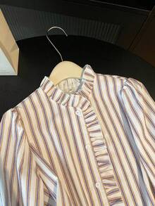 白色条纹荷叶边领长袖纽扣宽松女式衬衫，优雅百搭，适合通勤和外出穿着，春夏款 - 彩色 - 查看 7