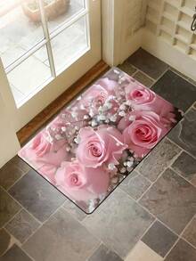 1 件粉色玫瑰防滑地毯，PVC 底背，可机洗橡胶和无纺布花卉图案室内地垫，适用于入口、走廊、卧室、客厅、洗衣房，可水洗，圣诞装饰厨房地毯 - 彩色 - 查看 5