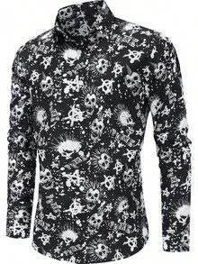 Mens 70s Shirt Long Sleeve Button Down Retro Disco Costume Hippie Outfit For Menhalloween - 龐克骷髏 - 查看 2