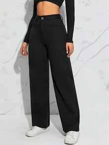 Mezclilla Talla Grande para Mujer Cintura Alta Elásticos Larga Duración Jeans de pierna ancha de ajuste relajado de cintura alta para mujer - Negro - Ver 3
