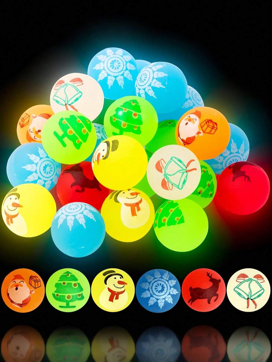 24 个圣诞节夜光弹球 - 圣诞派对礼物，多种设计，包括雪人、驯鹿和节日设计，耐用橡胶弹球，适用于圣诞派对用品、圣诞袜、生日礼品袋、派对填充物、宝箱填充物、圣诞派对装饰、节日活动配件、趣味设计、无需电源、节日设计、轻质材料、节日配件、活动组织者