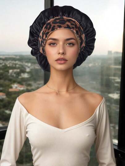 1 pieza Gorro de dormir de mujer de gran diámetro y ala ancha, gorro redondo de satén con banda elástica, adecuado para salón de belleza y uso diario