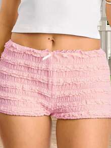 Women's Summer Bodycon Shorts Solid Color Low Waist Ruffled Mini Bow Front Short Pants - Hồng - Xem 2