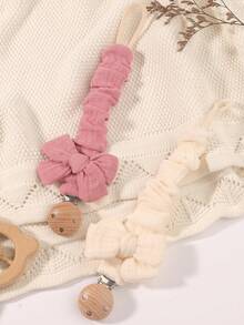 2pcs Baby Solid & Printed Pacifier Clips, Bowknot Pacifier Holder, Wooden 3-Hole Pacifier Clips, Suitable For Daily Use In Blue, Pink, Khaki