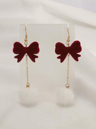 1 Pair Festive Red Flocked Bow Flocked Elegant Long Tassel Earrings, Suitable For Autumn/Winter
