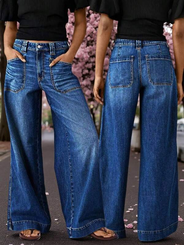 Women's Ombre Color Pocket Zipper Button Fly Wide Leg Jeans