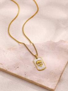 1Pc Gothic Style Skull Square Pendant Necklace, Punk Drip Oil Skull Gold Stainless Steel Necklace, Unisex Jewelry Fashion Accessories, Halloween And Christmas Gifts