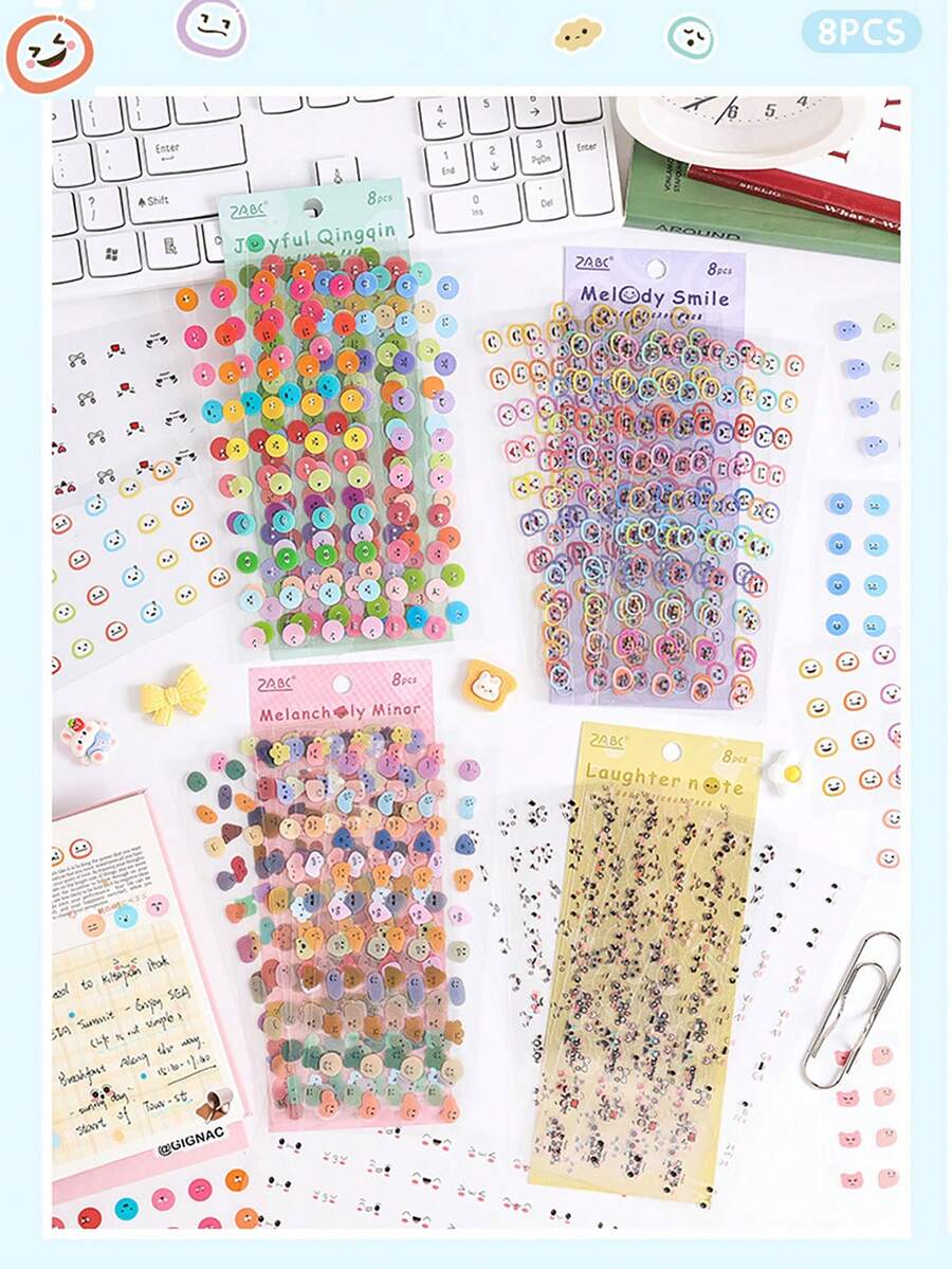 Un paquete de 8 pegatinas con expresiones lindas. Se pueden usar para scrapbooks, diarios, tarjetas de felicitación, pegatinas para teléfonos móviles, botellas de vidrio, sobres, manualidades DIY, calendarios, decoración del hogar, elaboración de artesanías, decoración de regalos, planes diarios y pegatinas escolares.