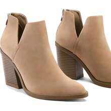 Women's Slip-On Ankle Boots – Cutout Pointed Toe Chunky Mid Heel Booties For Casual, Work & Daily Wear - Light Brown - 查看 3